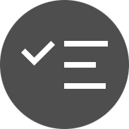 A circle image with a gray background, white tick and 3 white horizontal lines